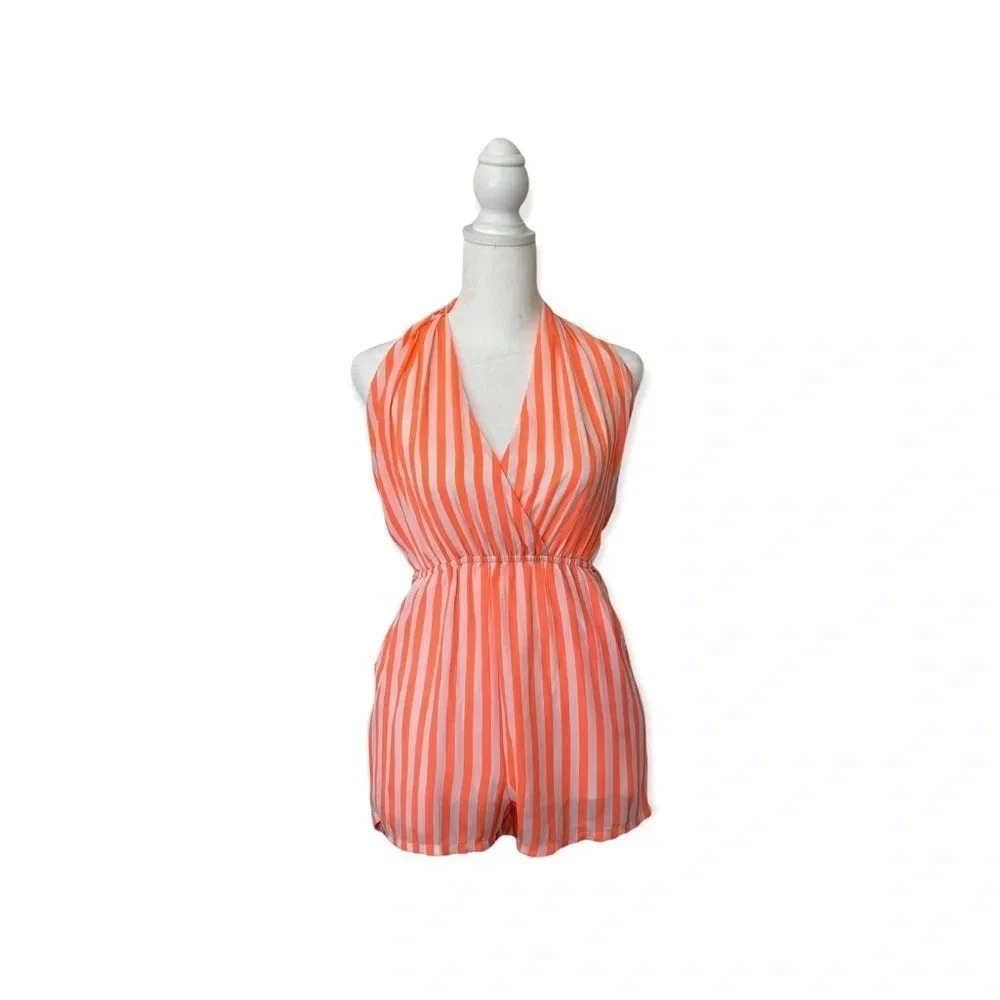 CALS Orange and White Stripped Romper Shorts with Pockets and Plunging V Neck S